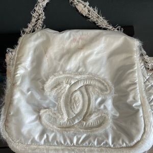 Authentic Chanel Silver handbag with lipstick and makeup stains